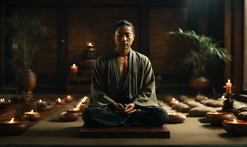 Mann praktiziert Zen-Meditation nach Anleitung